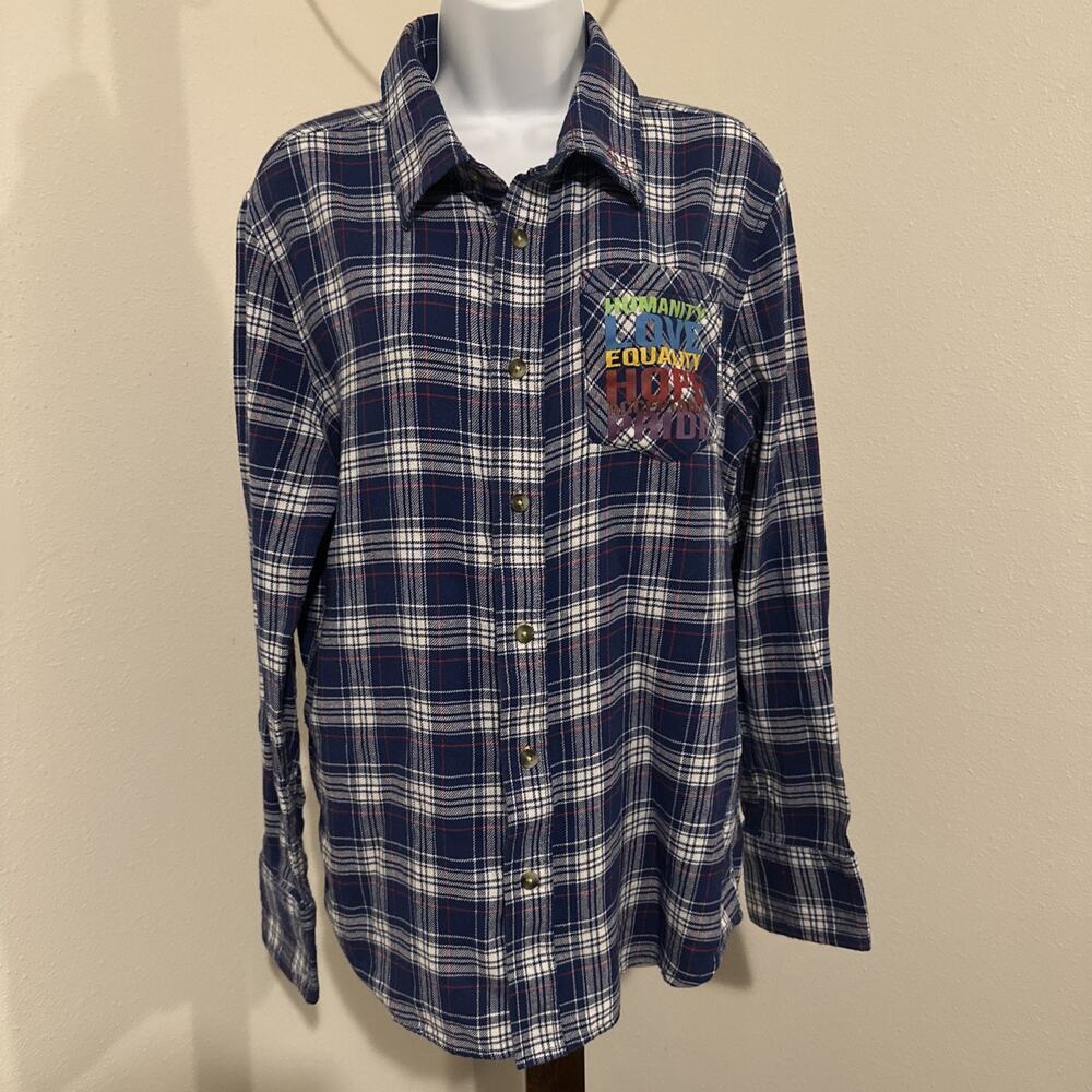 Attic Salt Plaid Flannel Shirt – Humanity, Love, Equality, Pride Graphic Size S